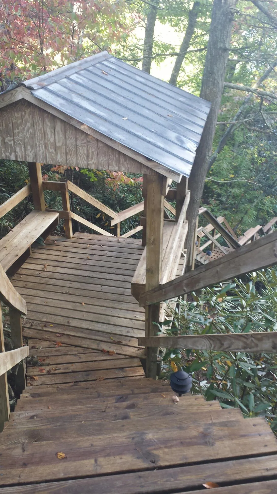 Metal roofed shelter over wooden steps on a wooded walkway — Skylight Repair & Installation work by our crew in Esmond